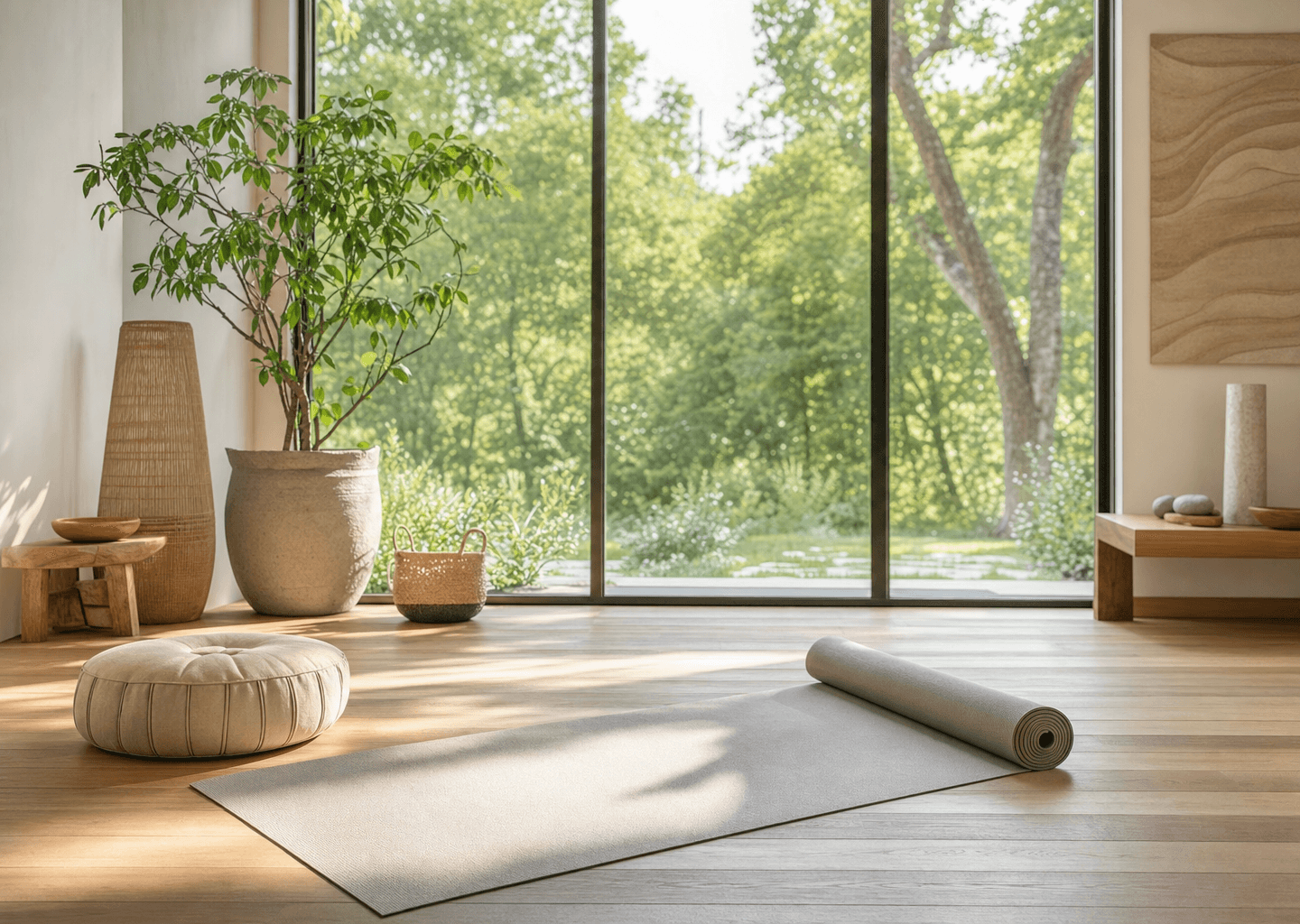 Studio de sophrologie lumineux avec tapis de sol, coussin, plante verte et grande fenêtre ouverte sur la nature.