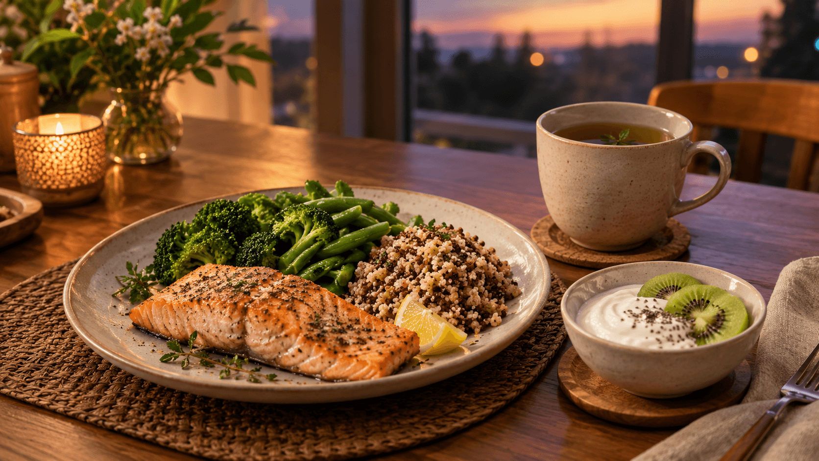 Assiette équilibrée du dîner : saumon grillé, légumes vapeur, céréales complètes, kiwi et tisane sur une table en bois.