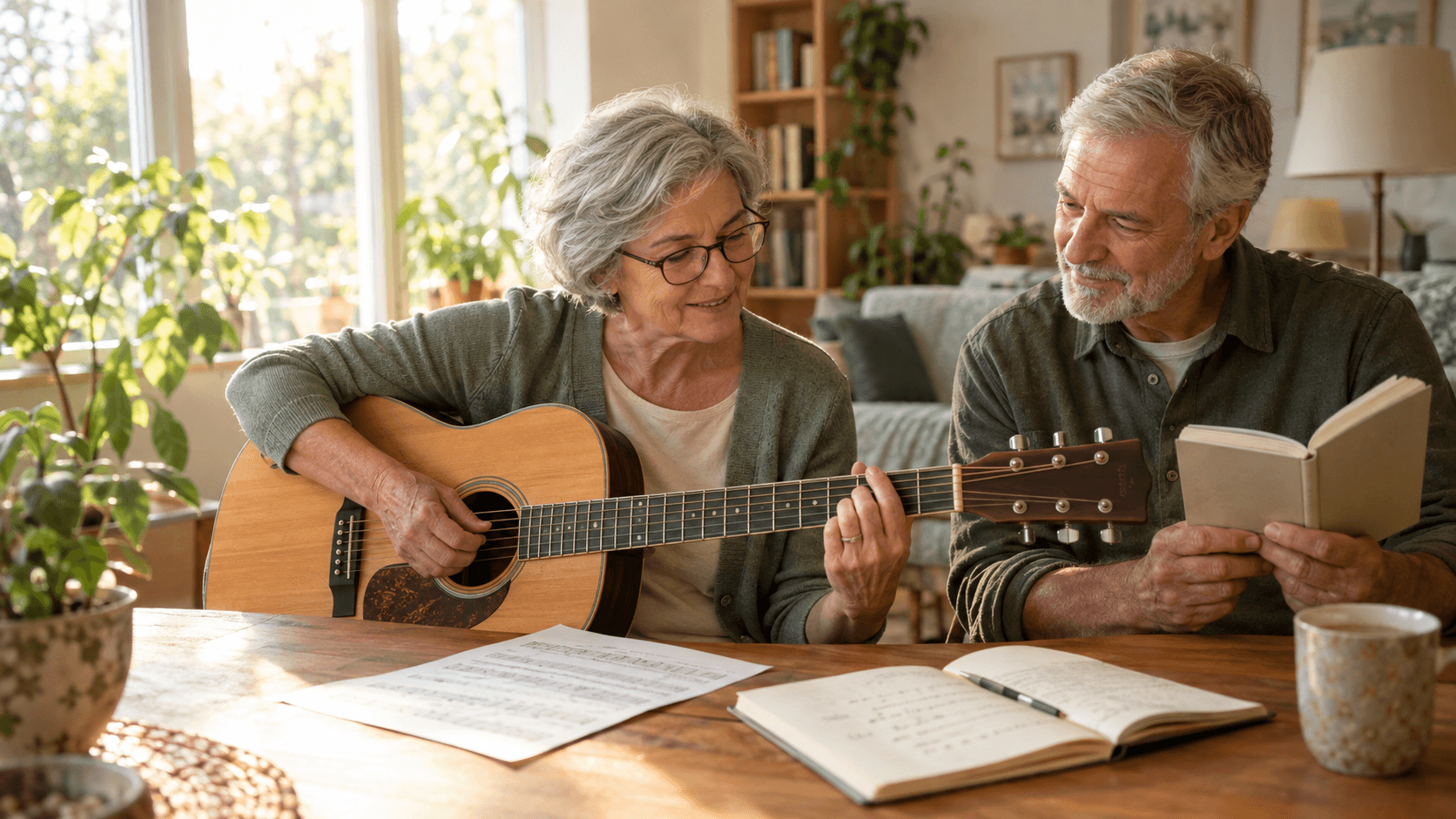 Femme âgée aux cheveux gris apprenant la guitare près d’une fenêtre, à côté d’un homme qui lit dans un salon lumineux