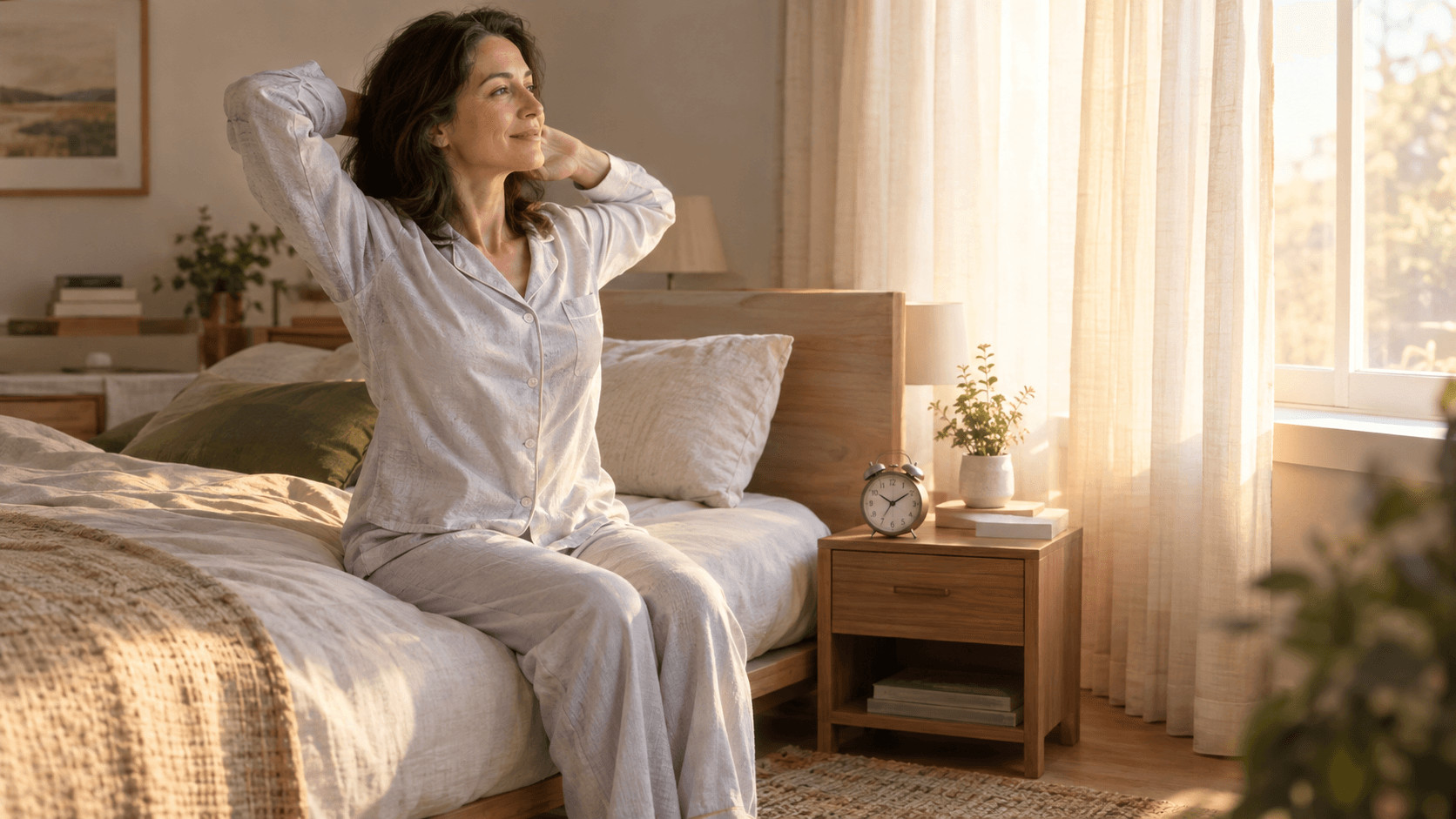 Femme reposée assise au bord de son lit au petit matin, prête à se lever dans une chambre calme et lumineuse.