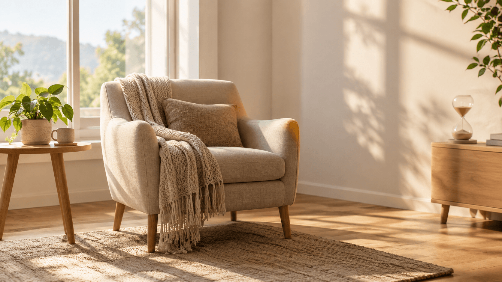 Fauteuil lumineux et apaisant, symbole du mieux-être durable après une hypnothérapie pour le syndrome de l'intestin irritable
