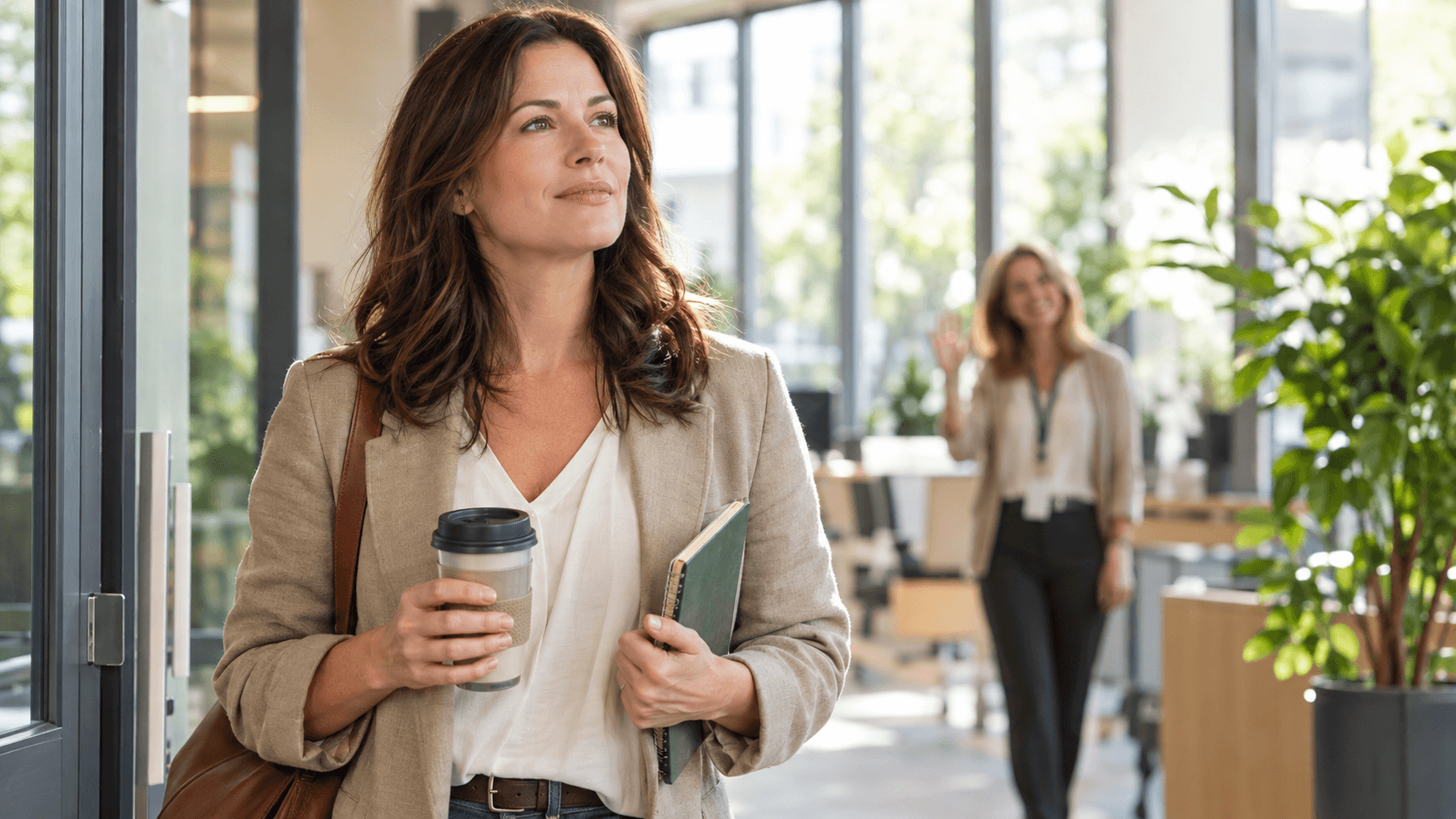 Femme reprenant le travail après un burn-out, respirant calmement à l’entrée d’un bureau lumineux, tasse et carnet en main