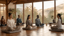 Petit groupe d'adultes en posture de méditation dans une salle en bois lumineuse ouverte sur une forêt brumeuse à l'aube