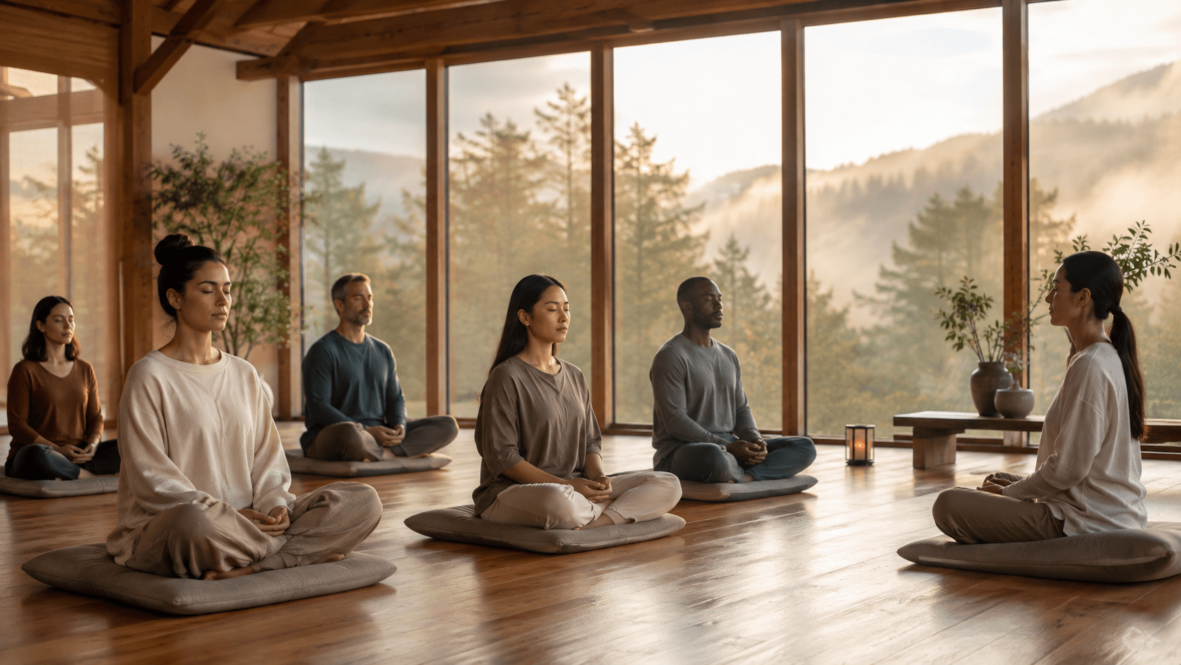 Petit groupe d'adultes en posture de méditation dans une salle en bois lumineuse ouverte sur une forêt brumeuse à l'aube