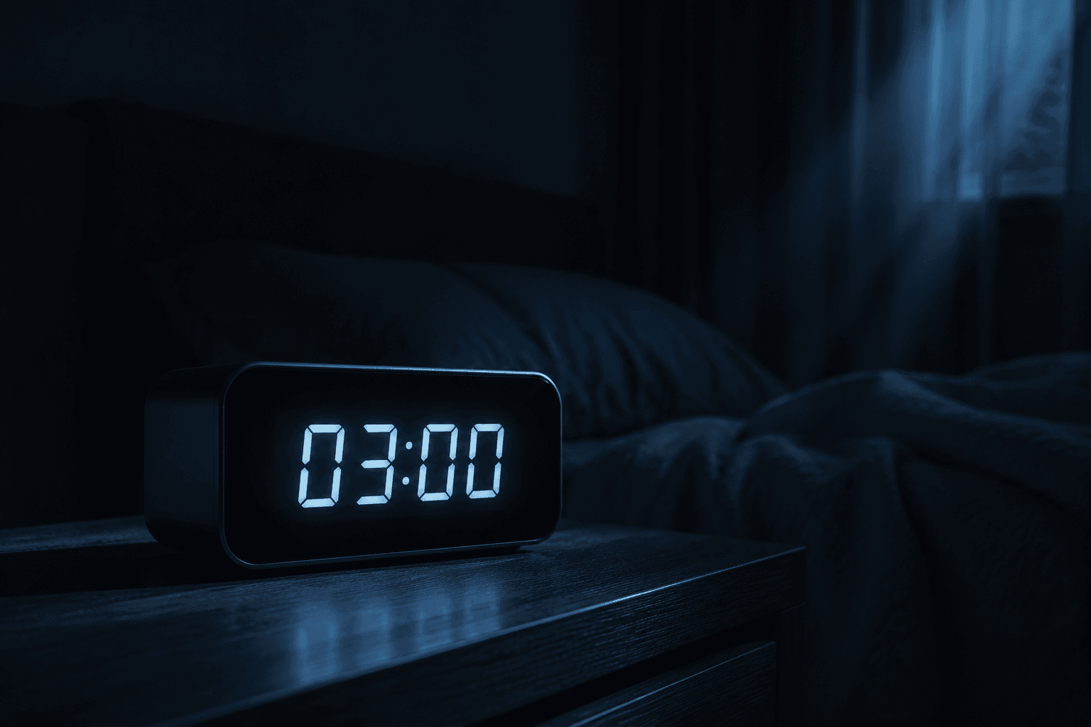 Réveil digital affichant 03:00 sur une table de nuit en bois, chambre plongée dans une pénombre bleutée traversée par un rai de lune, atmosphère nocturne silencieuse évoquant le réveil de 3 heures du matin
