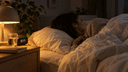 Adulte éveillé la nuit, allongé sur le côté dans un lit aux draps blancs, près d'un réveil lumineux et d'un verre d'eau