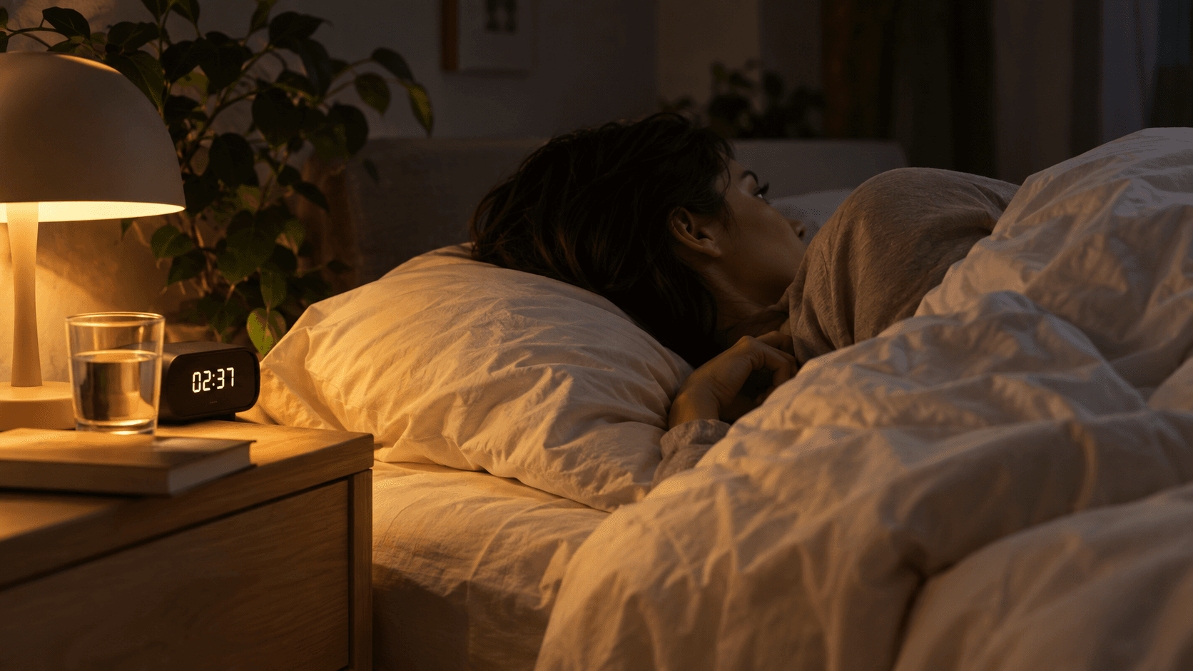 Adulte éveillé la nuit, allongé sur le côté dans un lit aux draps blancs, près d'un réveil lumineux et d'un verre d'eau