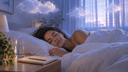 Femme endormie dans une chambre baignée de lumière bleutée à l’aube, carnet de rêves sur la table de nuit et nuages oniriques