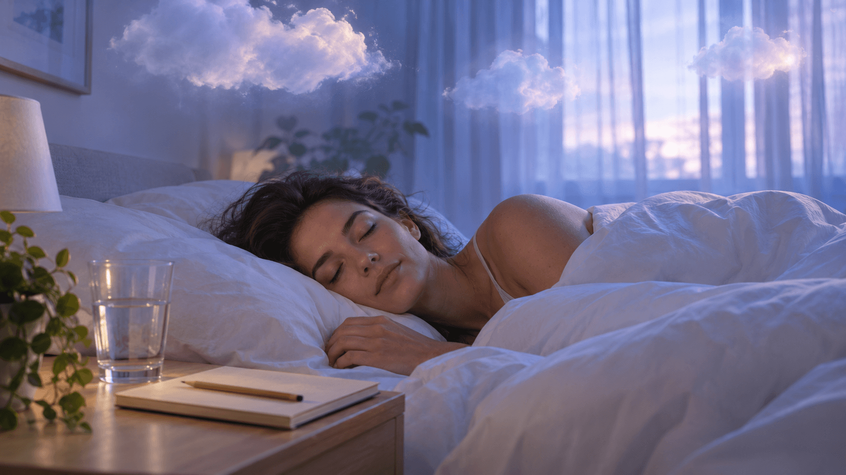 Femme endormie dans une chambre baignée de lumière bleutée à l’aube, carnet de rêves sur la table de nuit et nuages oniriques