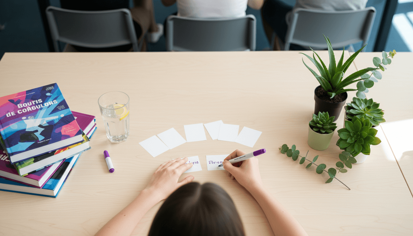 Vue plongeante sur les mains d'un étudiant écrivant des fiches près de manuels empilés