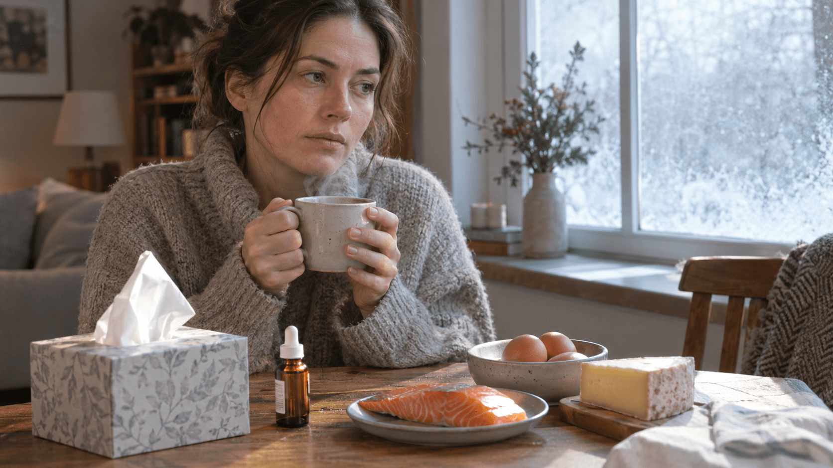 Femme fatiguée par temps d'hiver tenant une tasse de tisane, avec des gouttes de vitamine D, du saumon et des œufs disposés sur une table en bois