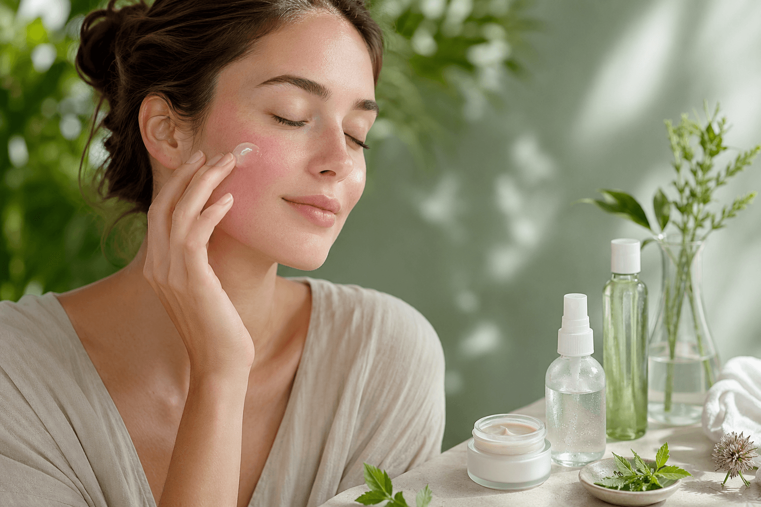 Femme au teint apaisé appliquant un soin doux et de l eau thermale sur une peau sujette aux rougeurs