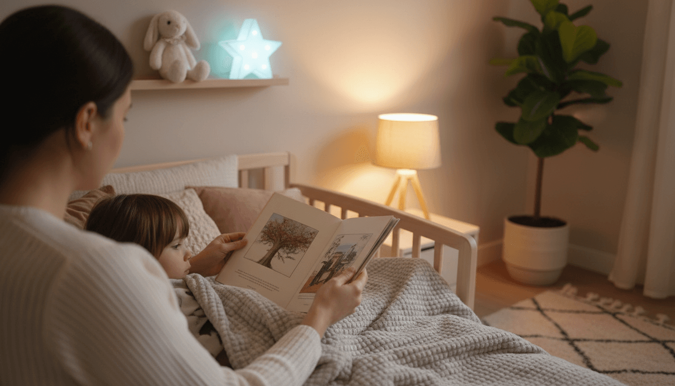 Parent vu de dos lisant une histoire à un enfant bordé dans son lit, veilleuse douce dans une chambre apaisante au coucher