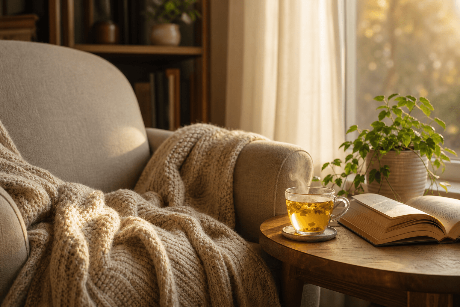 Salon chaleureux et lumineux au coucher du soleil avec plaid, tasse de tisane et plante verte, ambiance apaisante evoquant le calme mental