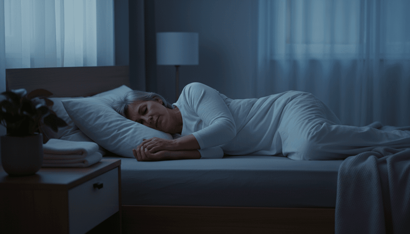 Personne endormie paisiblement sur le côté dans une chambre calme la nuit, repos nocturne serein sous la lumière lunaire