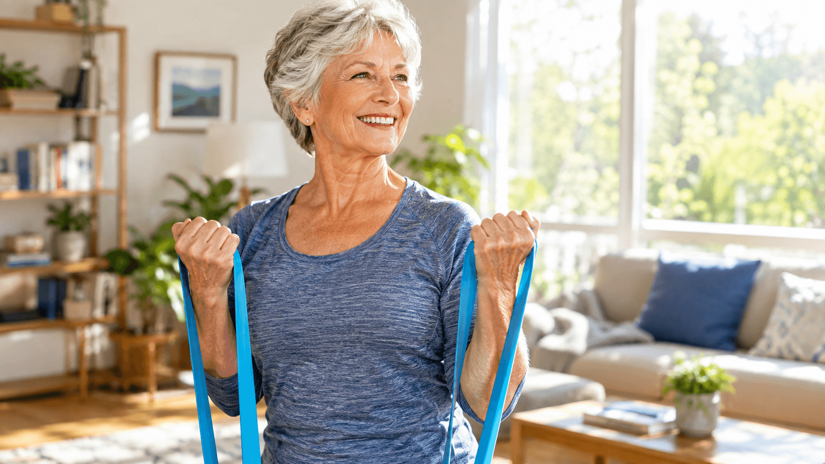 Femme senior souriante réalisant un exercice de renforcement musculaire avec une bande élastique dans un salon lumineux.
