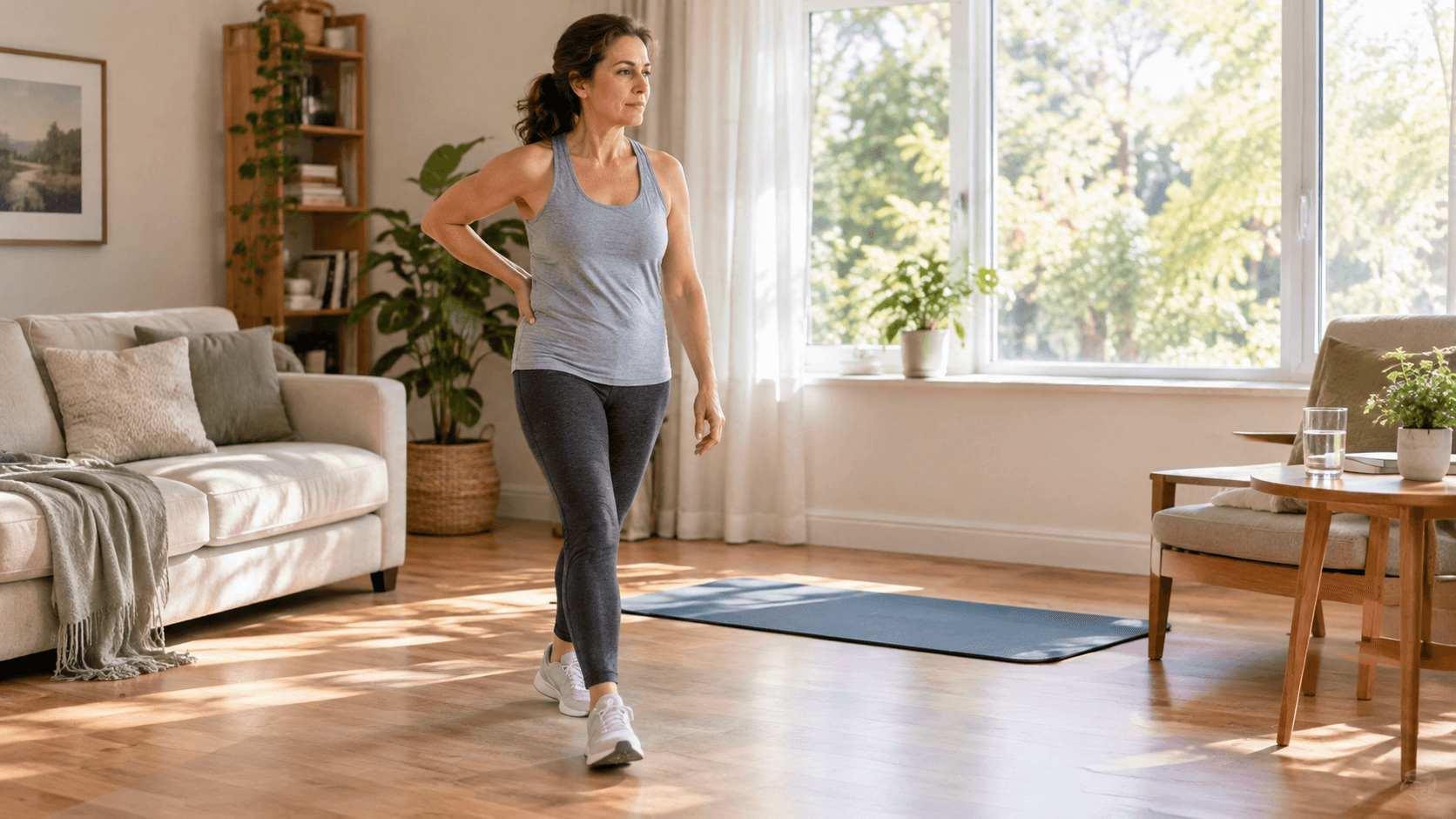 Femme d'une quarantaine d'années marchant lentement dans un salon lumineux, une main sur le bas du dos, pour rester active