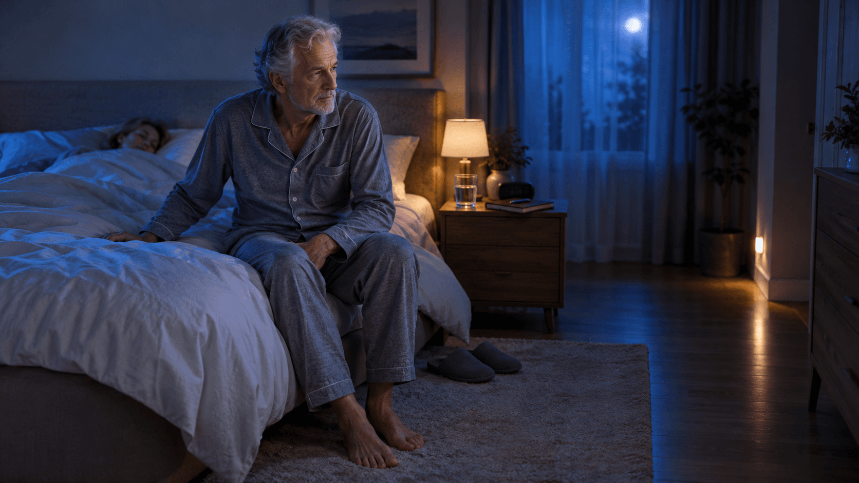 Homme d’une soixantaine d’années assis calmement au bord de son lit la nuit, chambre éclairée par la lune et une veilleuse