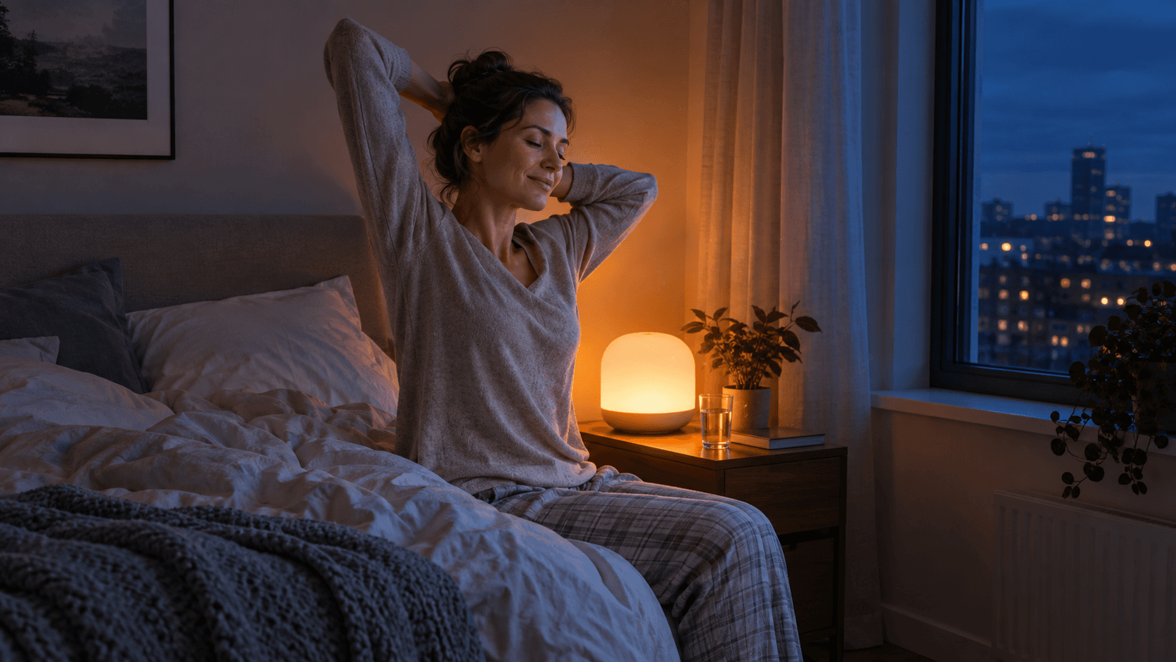 Femme assise au bord du lit au petit matin d’hiver, dans la pénombre, près d’un simulateur d’aube à la lumière orangée