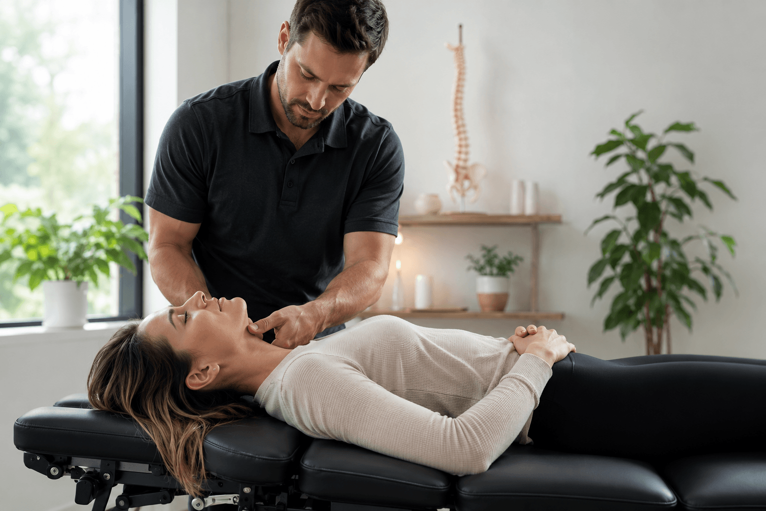 Séance de chiropraxie dans un cabinet apaisant : praticien et patient sereins