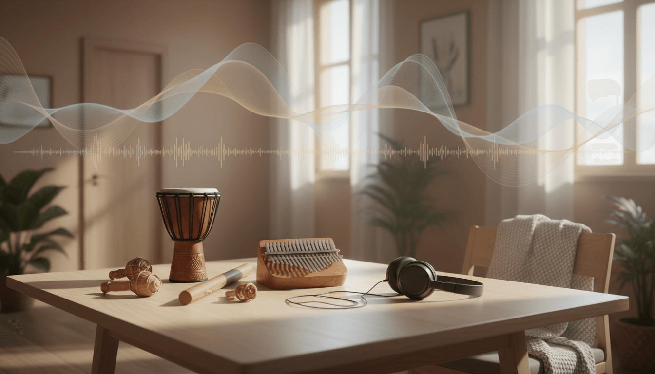 Instruments de percussion, kalimba et casque audio posés sur une table en bois dans une pièce calme et lumineuse, évoquant une séance de musicothérapie