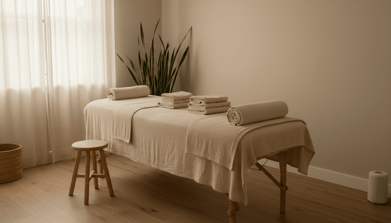 Salle de consultation d'ostéopathie sereine avec table de soin préparée et lumière naturelle