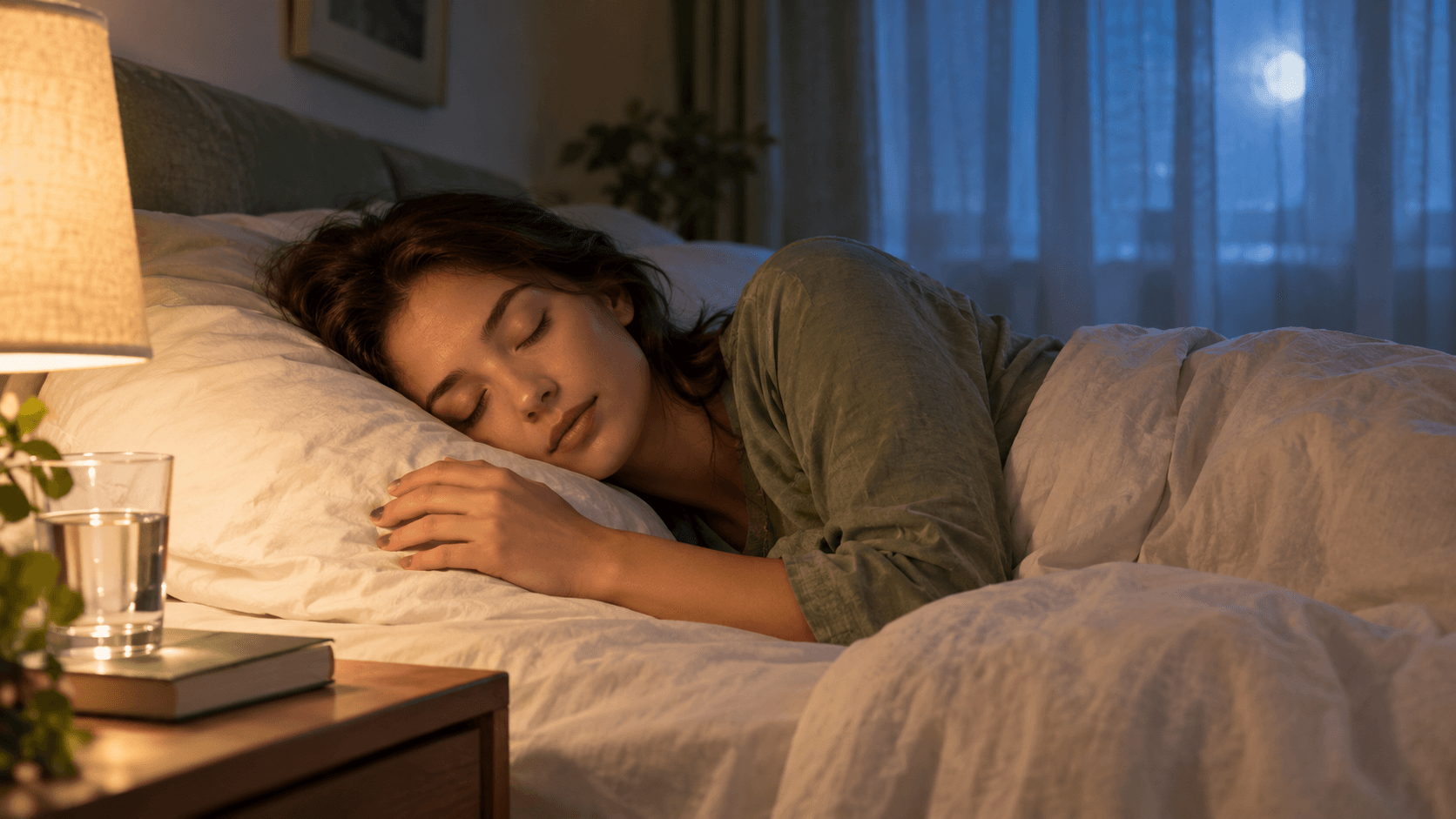 Femme endormie paisiblement dans une chambre tamisée, éclairée par une lampe de chevet chaude et le clair de lune