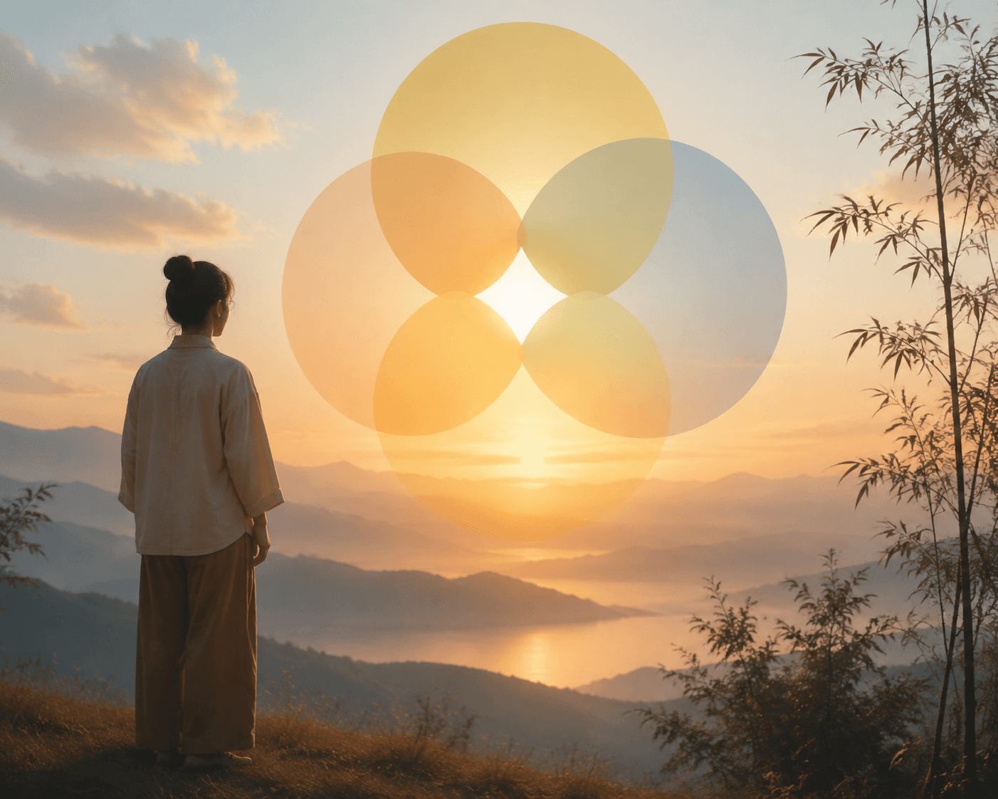 Illustration sereine d'une personne au lever du soleil symbolisant l'ikigai et la recherche de sens