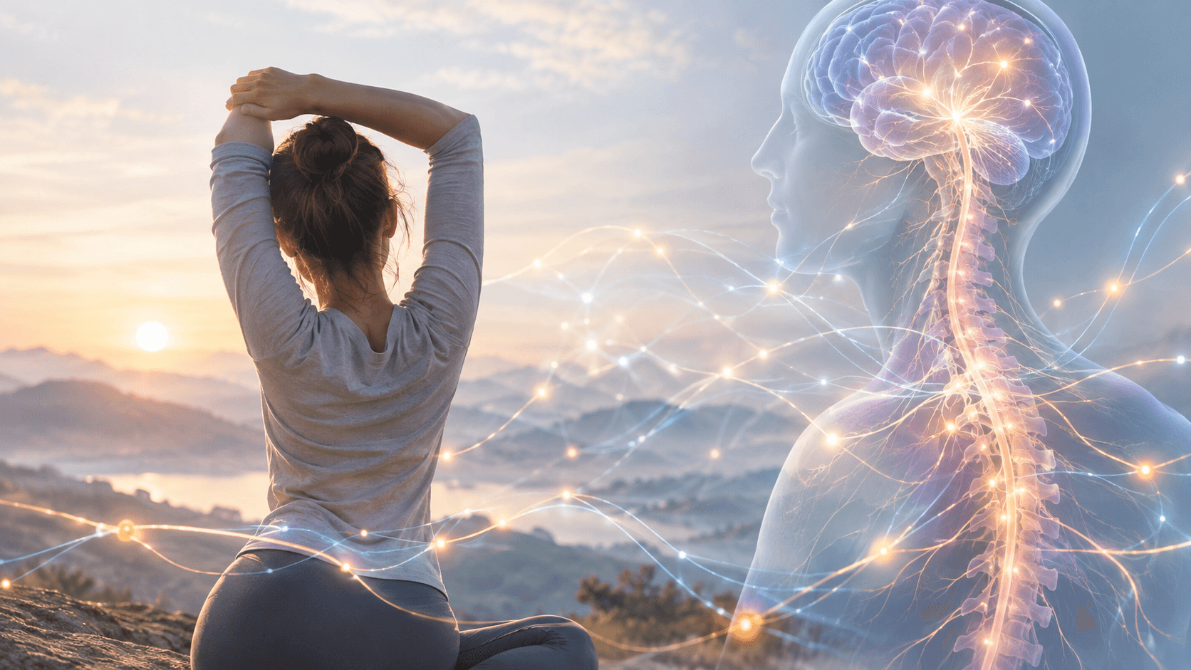 Illustration apaisante du système nerveux amplifiant la douleur chronique, motif neuronal en tons doux