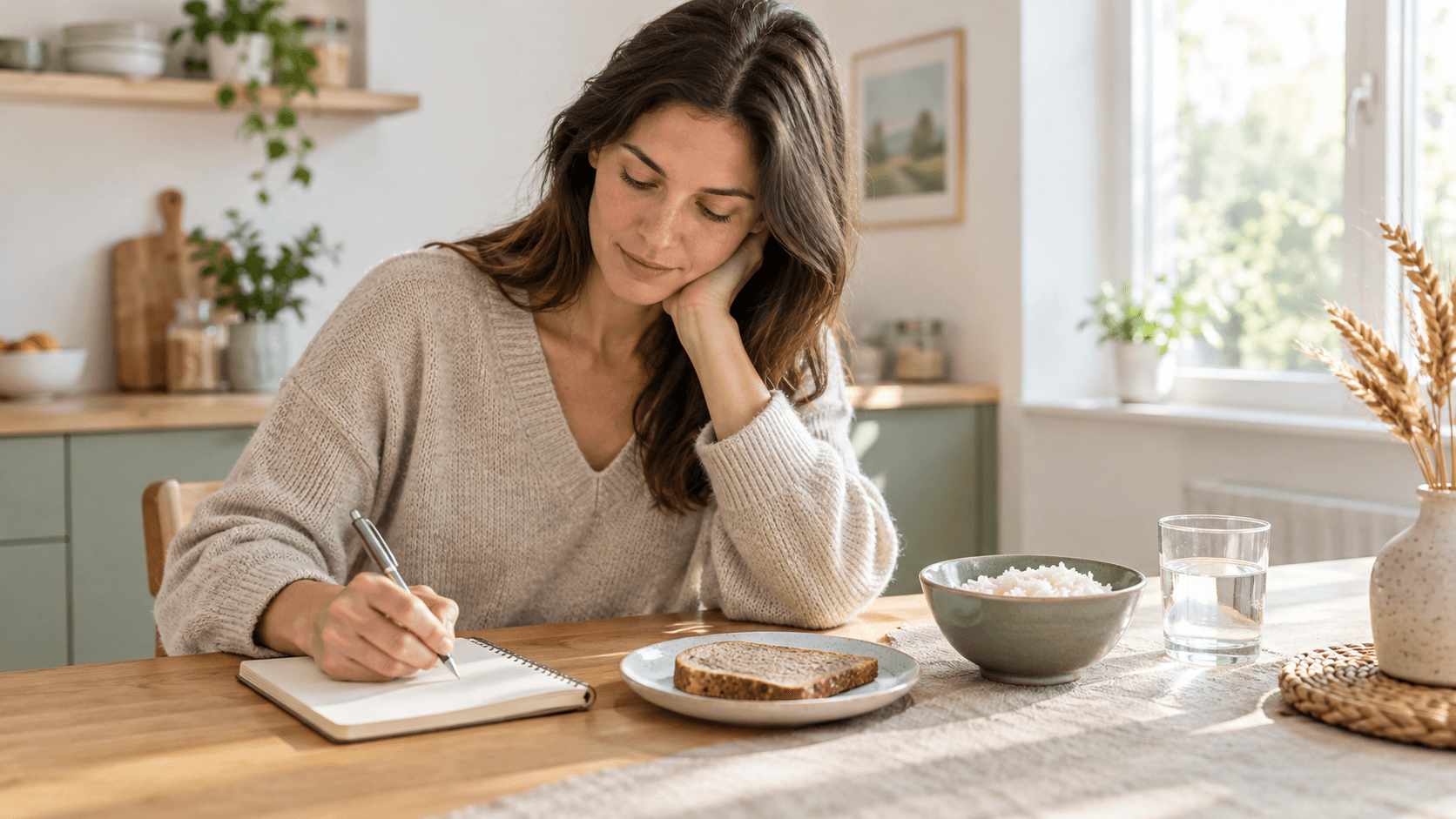 Femme notant ses repas et ses symptômes dans un carnet, devant du pain complet et un bol de riz
