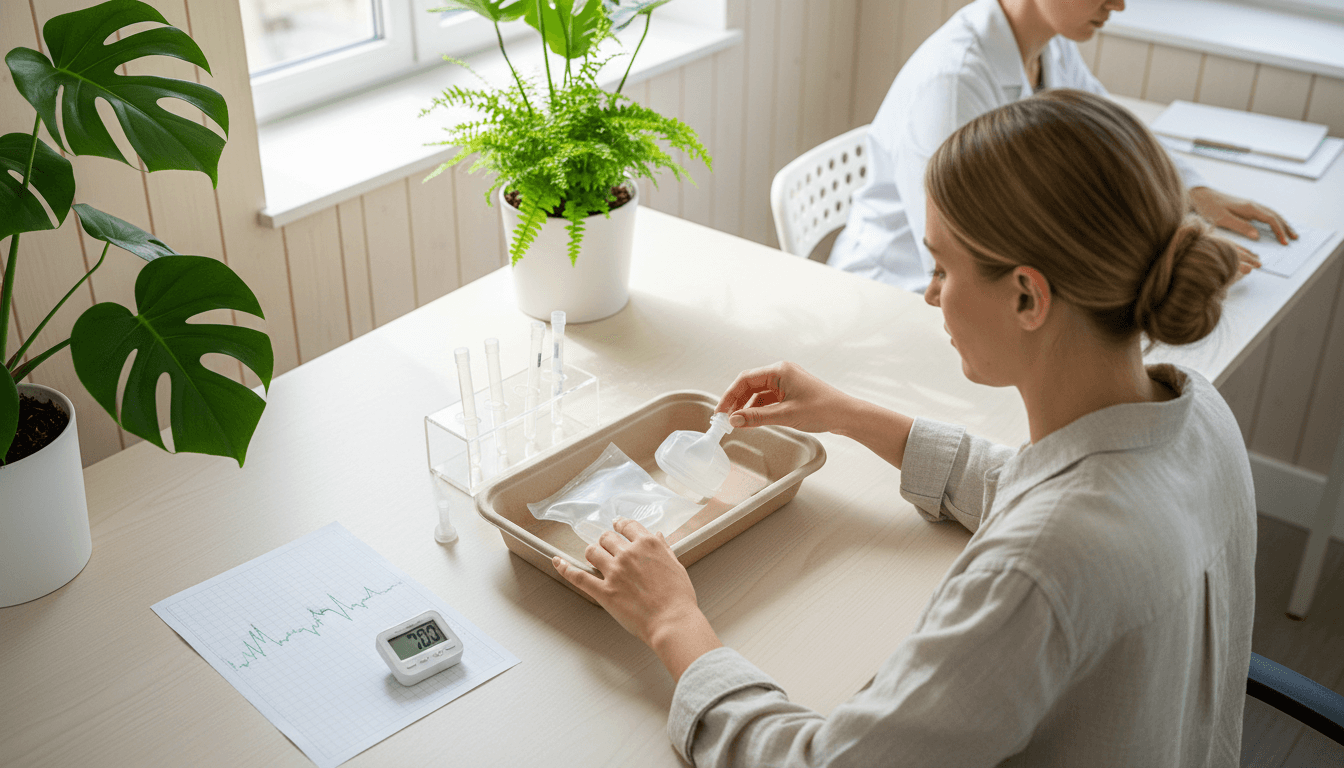 Vue plongeante sur des mains préparant un test respiratoire, tubes sans étiquette et minuteur