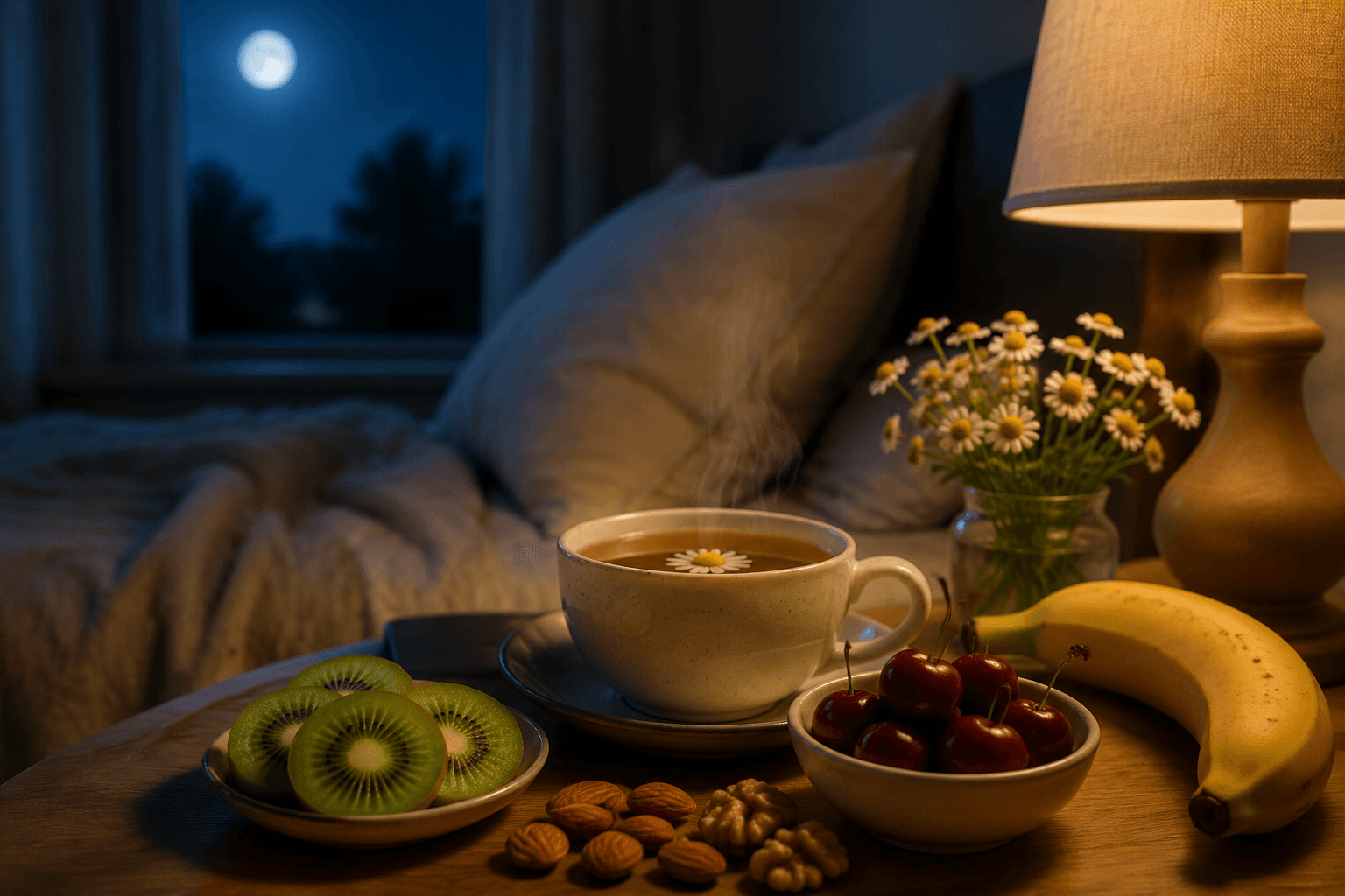 Tisane chaude fumante et aliments favorables au sommeil (kiwi, cerises, amandes, banane, camomille) sur une table de chevet dans une chambre douce et tamisée la nuit
