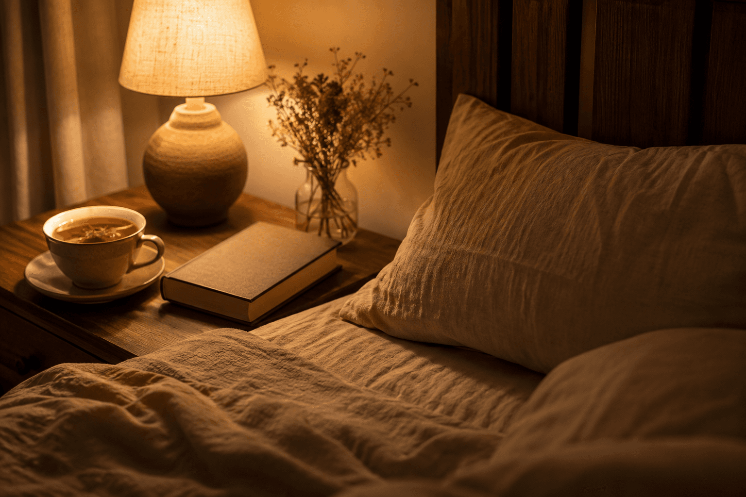 Chambre chaleureuse le soir avec lumière douce et tamisée, propice au sommeil, sans écran