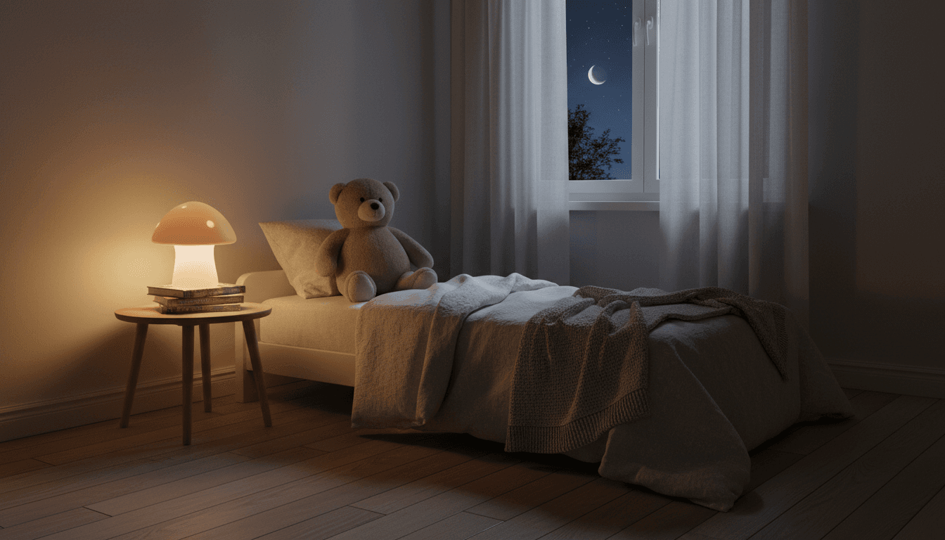 Chambre d'enfant paisible la nuit avec une veilleuse douce, évoquant un sommeil serein