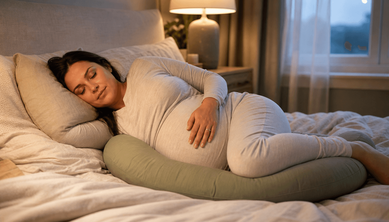 Femme enceinte endormie sur le côté gauche dans une chambre apaisante, ventre soutenu par un coussin de grossesse