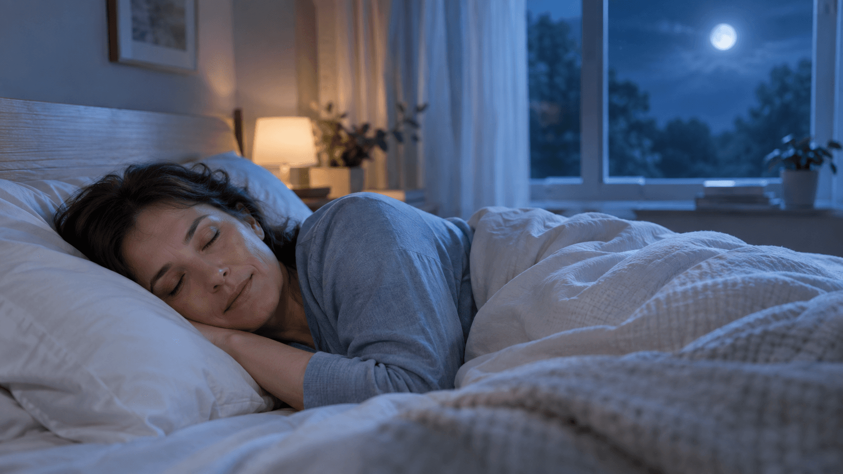 Personne dormant paisiblement dans une chambre calme et tamisée la nuit, illustrant le sommeil lent profond réparateur