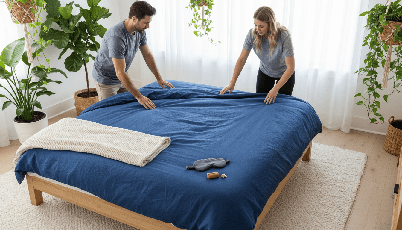Mains lissant une couette en lin, masque de nuit et bouchons d'oreilles posés sur la couverture