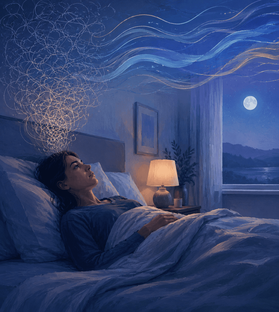 Illustration apaisante d'une personne éveillée au lit la nuit, pensées anxieuses s'apaisant en douceur