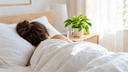 Personne endormie de dos sous une couette dans une chambre claire au petit matin, verre d'eau sur la table de chevet