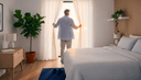 Homme de dos tirant les rideaux de sa chambre le soir, livre et lampe sur la table de nuit