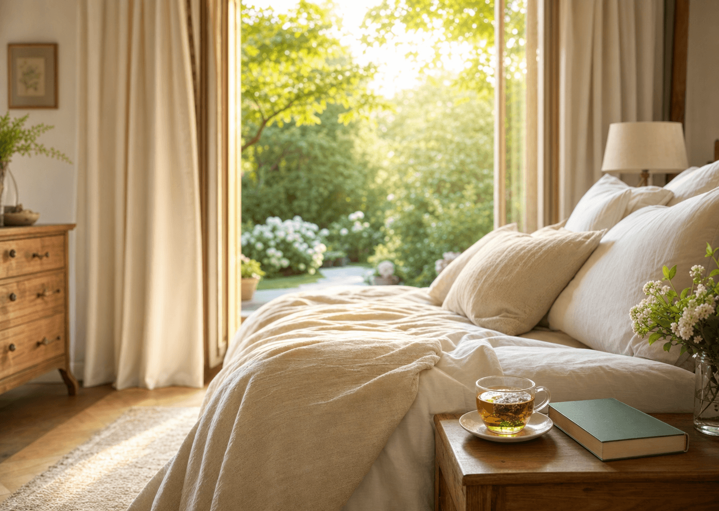 Chambre paisible et lumineuse au petit matin, lit soigné et rideaux ouverts sur un jardin, symbole d'un sommeil réparateur pour bien vieillir