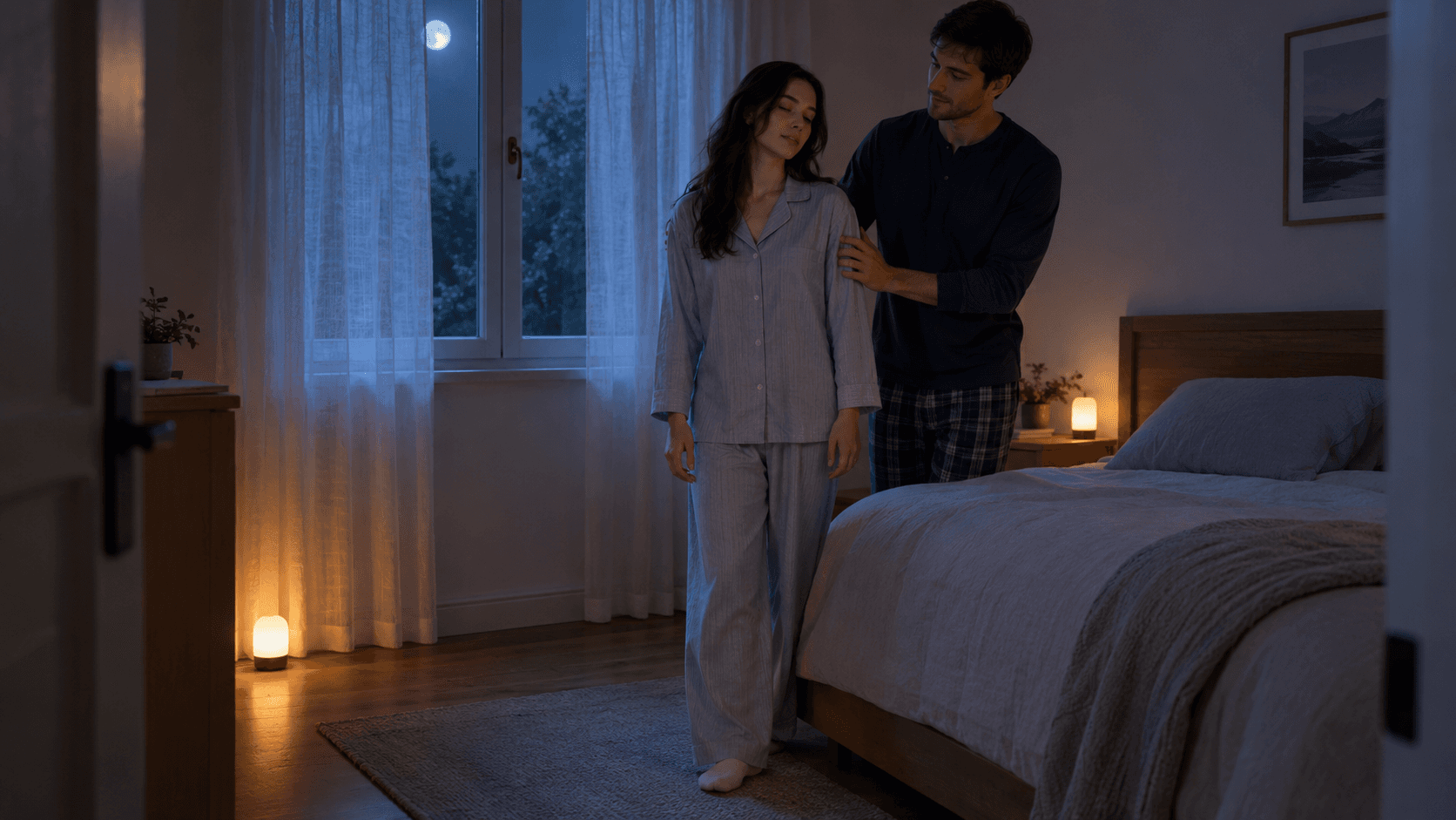 Chambre paisible la nuit avec veilleuse, un adulte en pyjama raccompagné calmement vers son lit par son partenaire