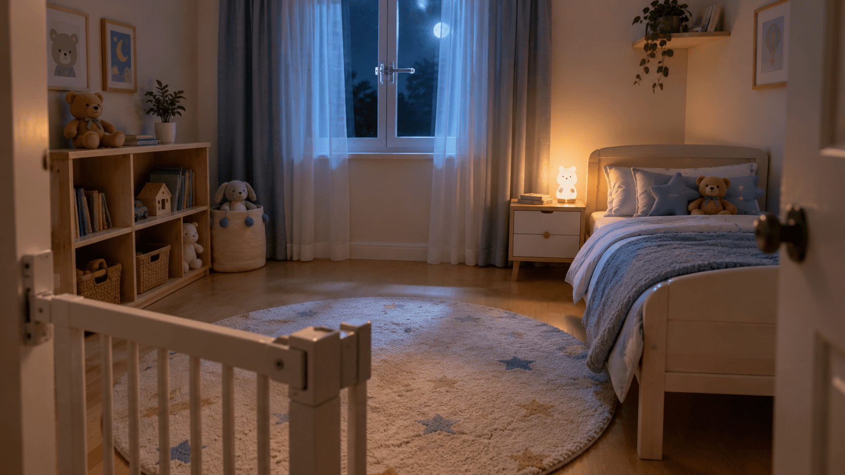 Chambre d'enfant paisible la nuit avec veilleuse douce et barrière de sécurité, environnement sécurisé et rassurant