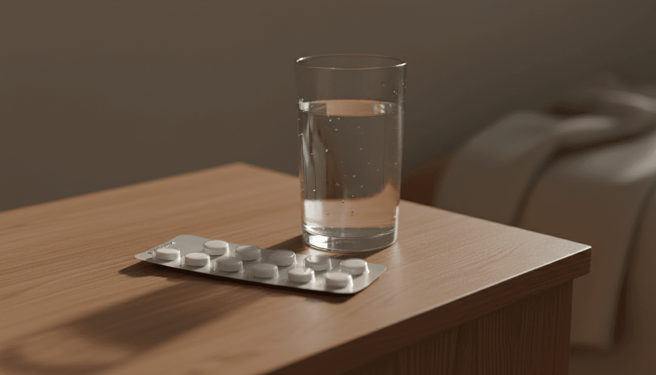 Plaquette de comprimés posée sur une table de chevet à côté d'un verre d'eau dans une lumière sobre de fin de journée, évoquant la question des somnifères et du sommeil