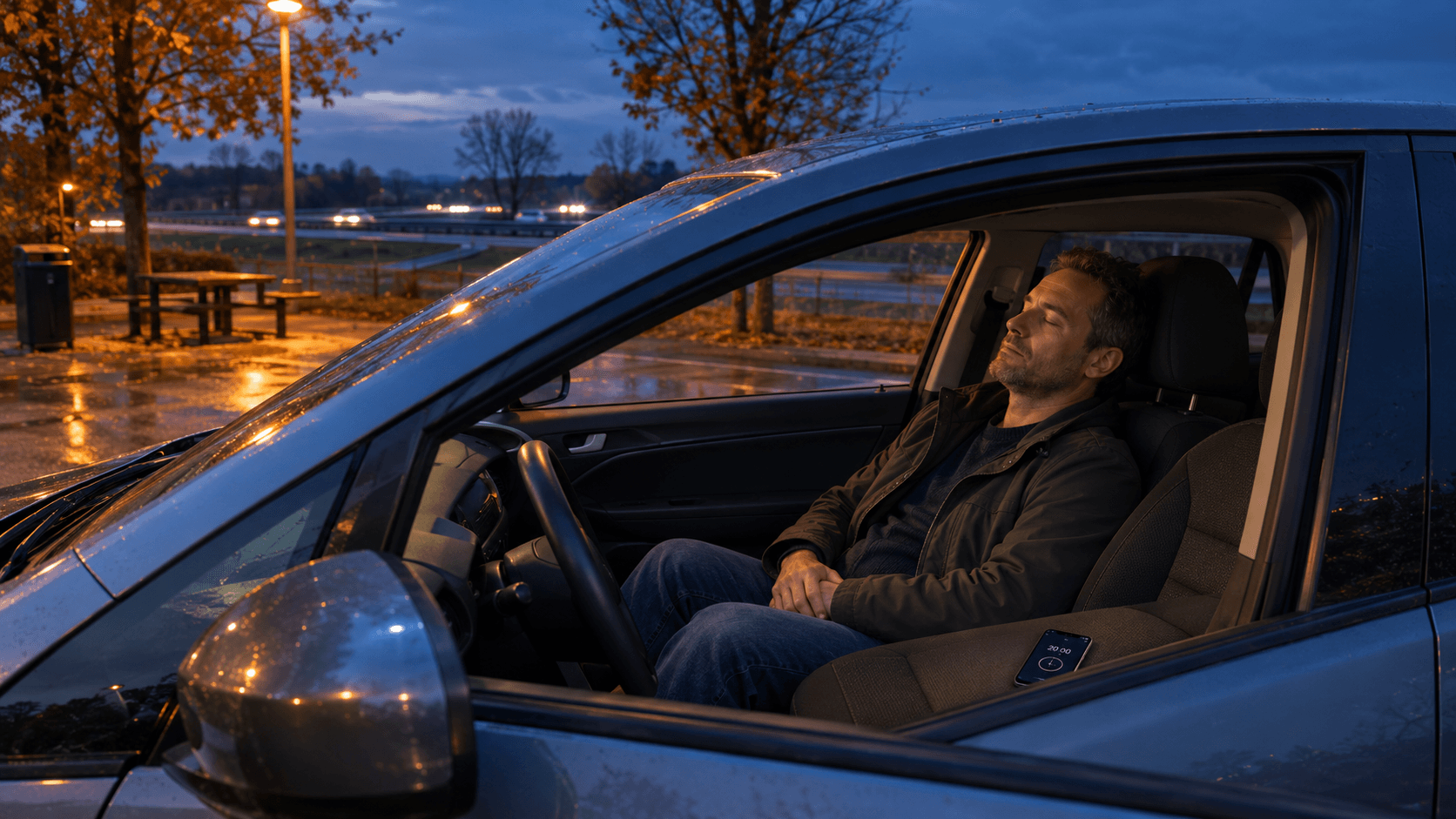 Conducteur en courte sieste dans sa voiture garée sur une aire d’autoroute au crépuscule, un café sur le tableau de bord
