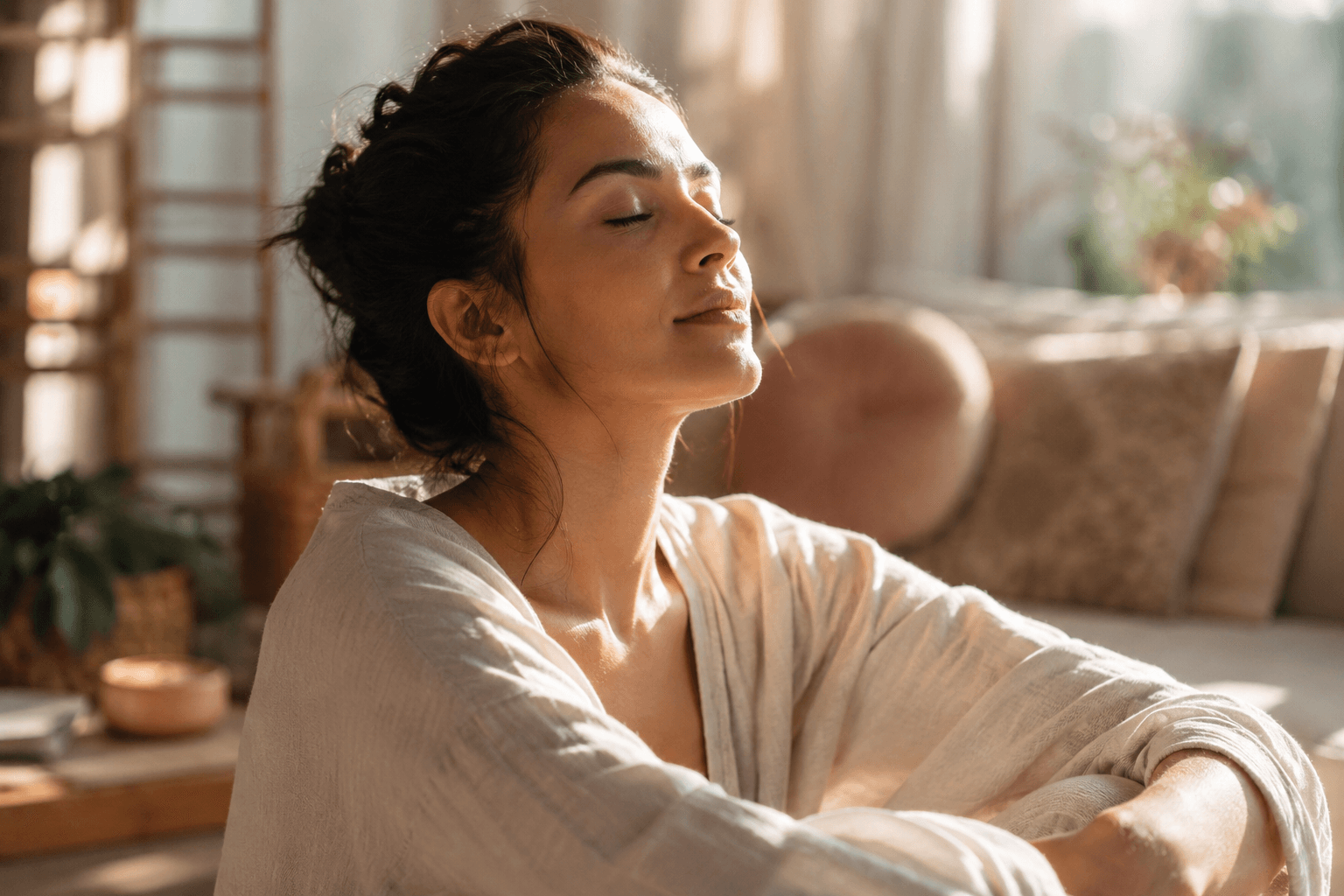 Personne sereine en relaxation, apaisement face aux acouphènes