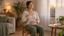 Femme assise dans un salon lumineux, yeux fermés, mains sur la poitrine et le ventre, en respiration abdominale lente