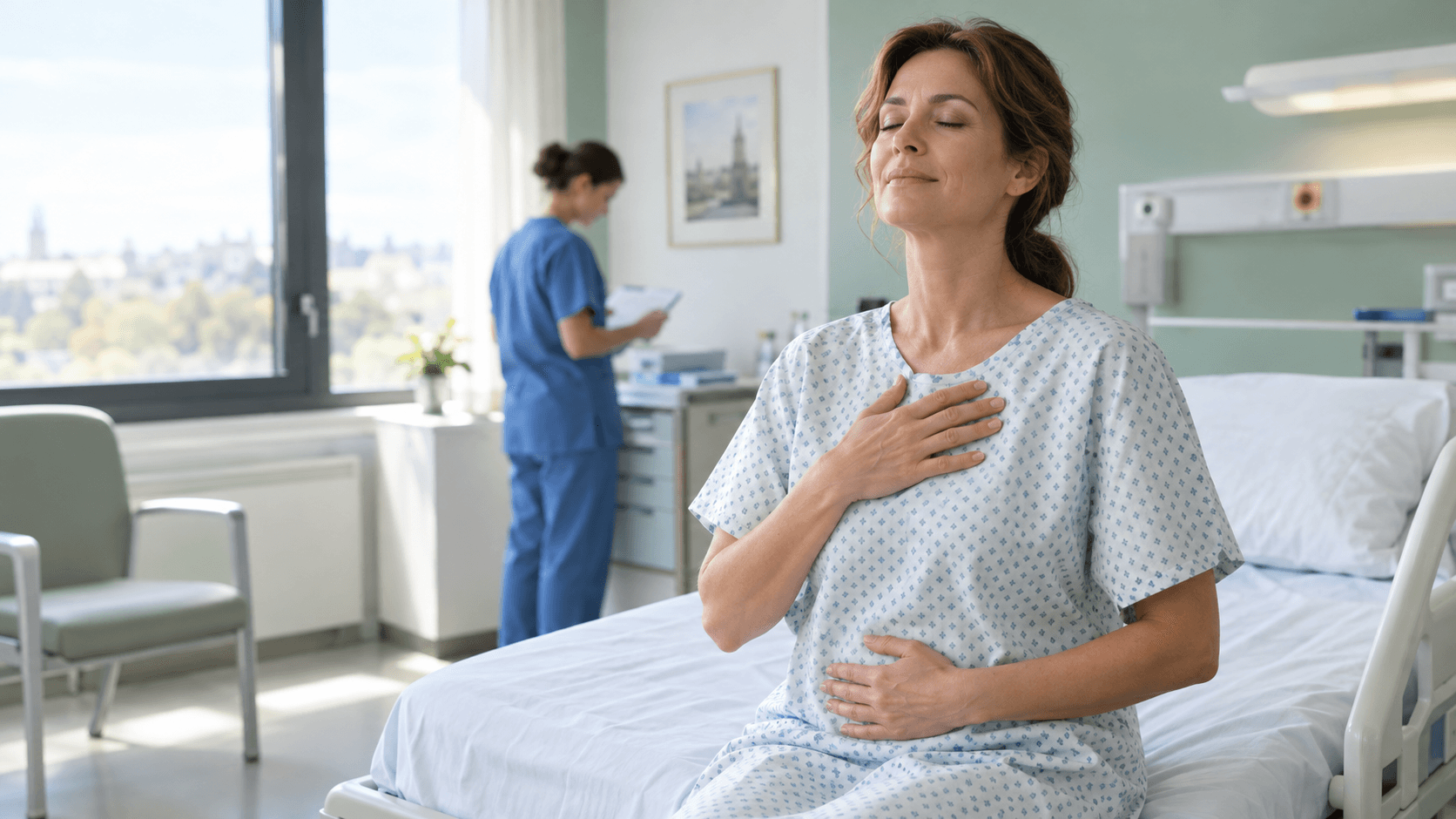 Patiente en blouse d’hôpital assise sur son lit, les yeux fermés, pratiquant une respiration lente avant son opération