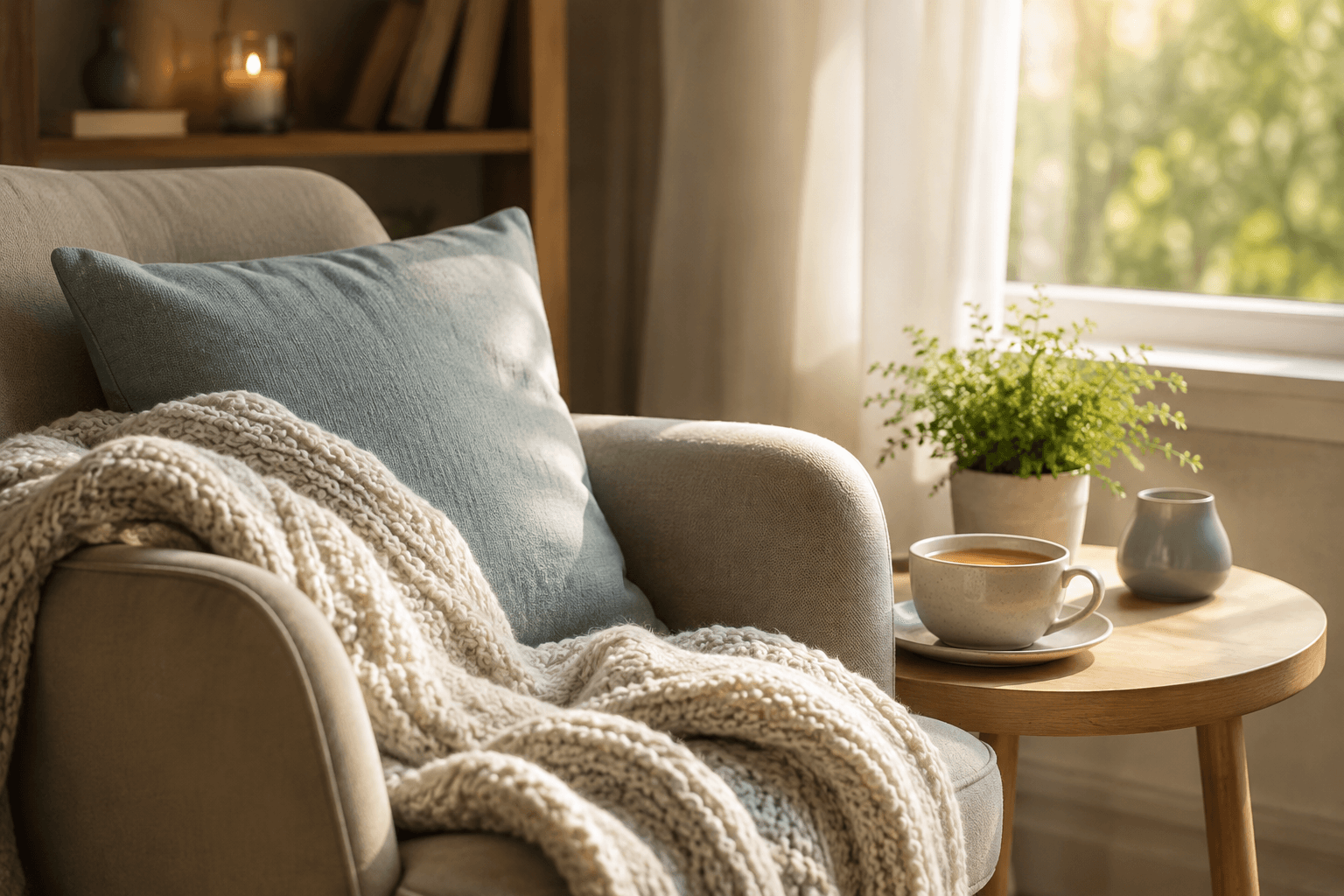 Ambiance douce et rassurante de bien-être et de relaxation, lumière apaisante, symbolisant l'accompagnement en sophrologie comme soin de support en oncologie