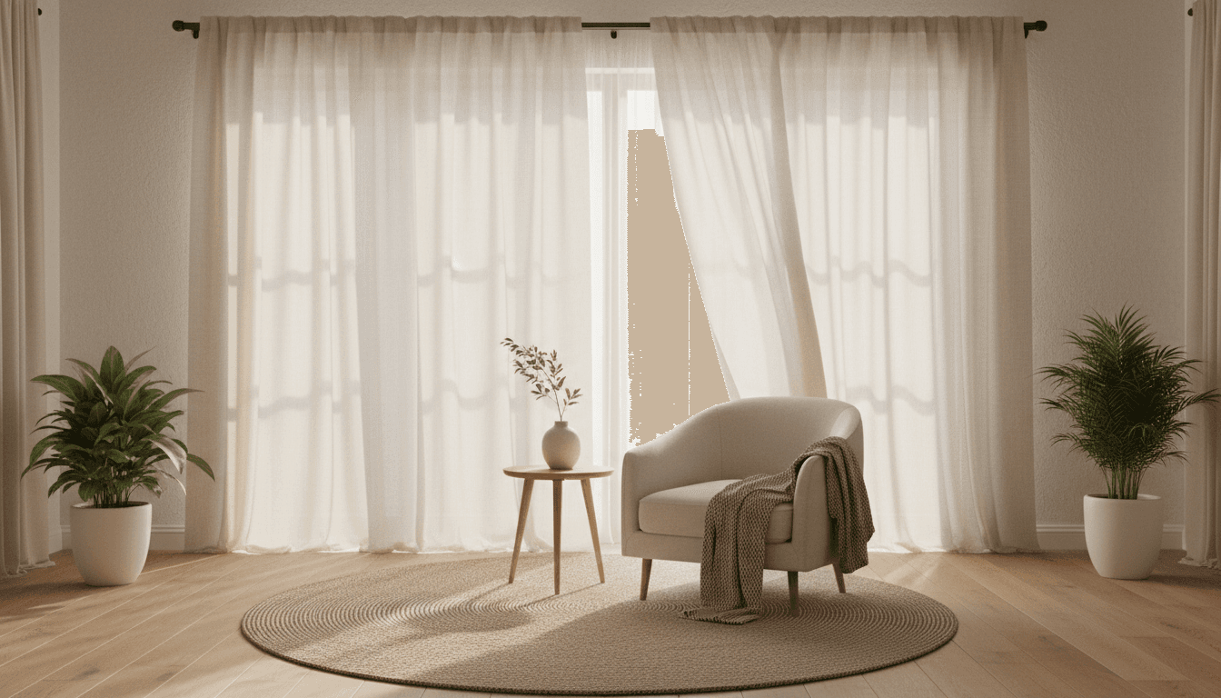 Pièce minimaliste sereine avec fauteuil confortable et rideaux légers dans une brise douce, atmosphère lumineuse et paisible